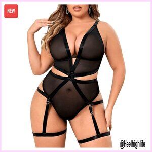 Plus Size Sheer Mesh Teddy Bodysuit Lingerie Deep V Neck